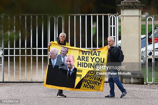 Activists from the anti-monarchy group Republic, stage a protest at the gates to royal lodge where Prince Andrew lives on October 21, 2025 in...