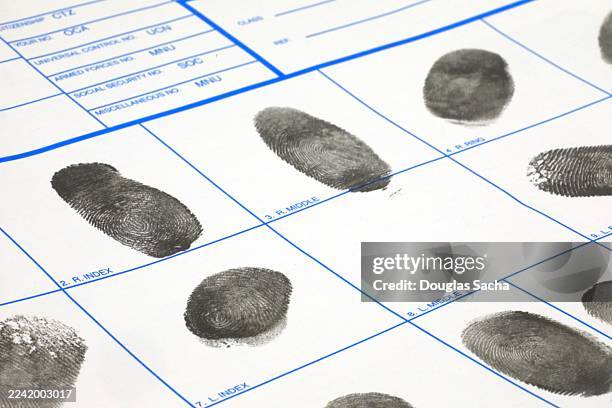fingerprint card for personal background identification - responsabilidad policial fotografías e imágenes de stock