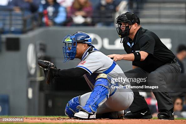 Salvador Perez of the Kansas City Royals catches during the first