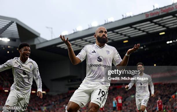 Bryan Mbeumo of Manchester United celebrates scoring his team's first goal during the Premier League match between Liverpool and Manchester United at...