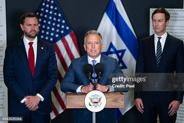 Vice President JD Vance, Special Envoy Steve Witkoff, and Jared Kushner during a press conference following a military briefing at the Civilian...