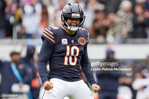 Caleb Williams of the Chicago Bears celebrates after a touchdown against the New Orleans Saints during the second quarter of the game at Soldier...