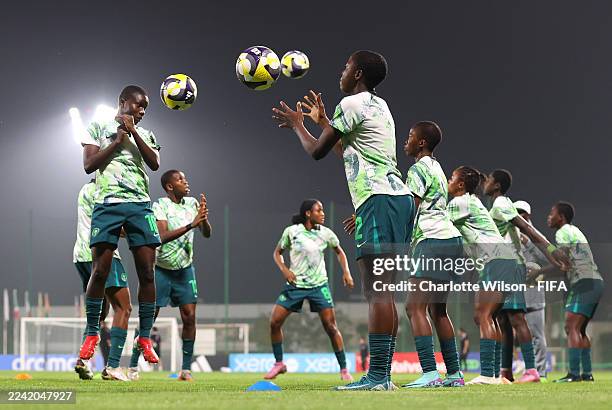 Players of Nigeria warm up prior to the FIFA U-17 Women's World Cup Morocco 2025 Group D match between Nigeria and Canada at Football Academy...