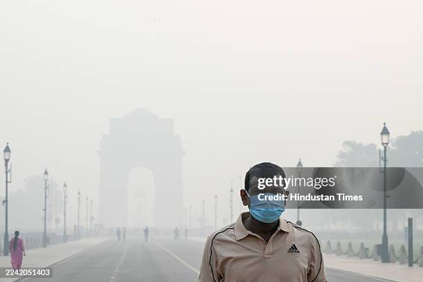 View of Air Pollution after Diwali festival on Kartavya Path , on October 21, 2025 in New Delhi, India. Delhi remained shrouded in a thick layer of...