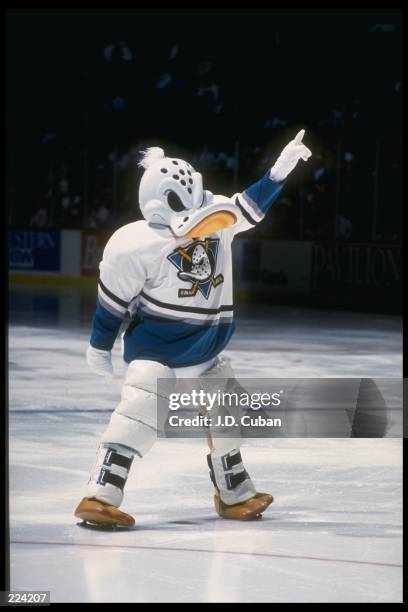 The Anaheim Mighty Ducks mascot exhorts the crowd during a game against the Los Angeles Kings at Arrowhead Pond in Anaheim, California.