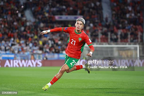 Yassir Zabiri of Morocco celebrates scoring his team's first goal during the FIFA U-20 World Cup Chile 2025 final match between Argentina and Morocco...