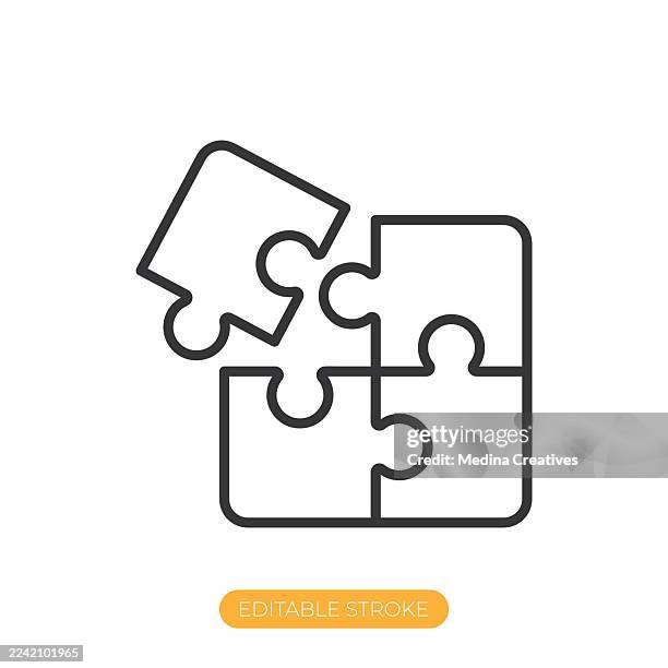 ilustraciones, imágenes clip art, dibujos animados e iconos de stock de icono de rompecabezas o solución. icono de línea fina de trazo editable - puzzle