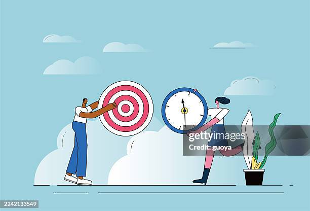 two white-collar workers exchanged the target and the clock. - people clock face stock illustrations