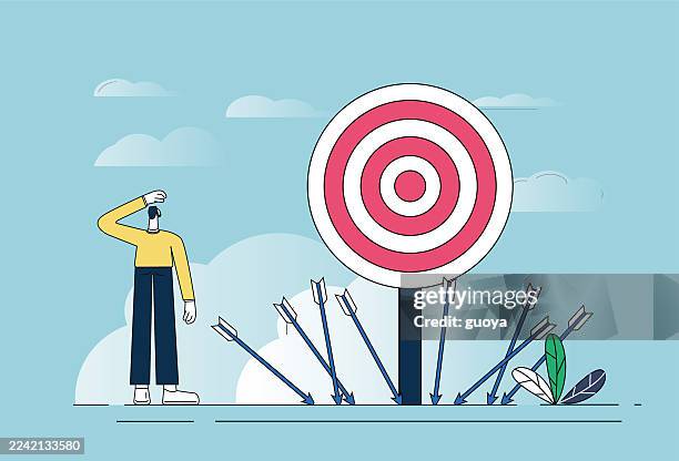 businessman disappointed because arrow missed the target, desperate business man failed in business goal. - arrow missing target stock illustrations