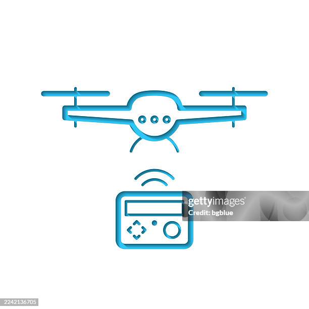flying drone with remote control. icon cut out on white paper with blue background - remote control helicopter stock illustrations