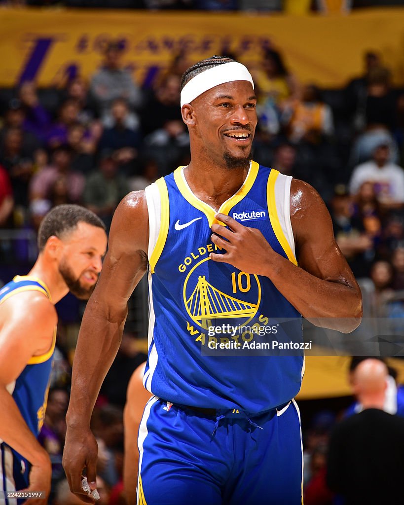 Butler 3 Jimmy Butler III of the Golden State Warriors smiles against the Los ...