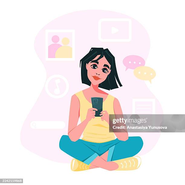 stockillustraties, clipart, cartoons en iconen met teenage girl using smartphone - in kleermakerszit