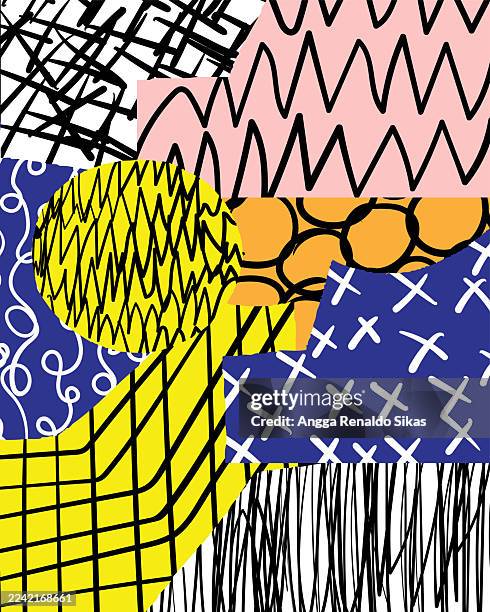 abstract collage geometric shapes art with various hand drawn pattern - house clutter stock illustrations