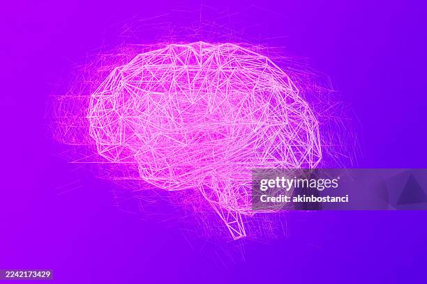 brain with particles, artificial intelligence concept on neon lighting purple background - brain exploding stock pictures, royalty-free photos & images
