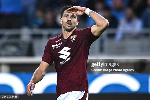Giovanni Simeone of Torino celebrates his goal during the Serie A match between Torino FC and SSC Napoli at Stadio Olimpico di Torino on October 18,...