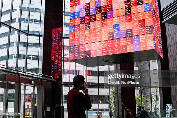 Man makes a phone call while watching a large stock price display board in Tokyo, Japan, on October 22, 2025.