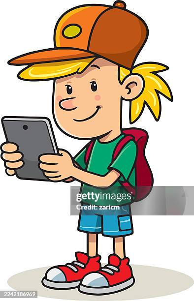 child with school bag and tablet - digital native stock illustrations