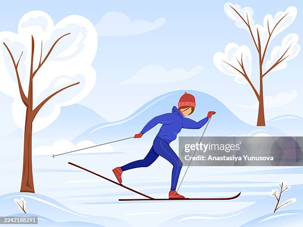 a young girl goes skiing in winter landscape. vector illustration cartoonish style of winter sport. winter outdoor activity illustration concept - skier stock illustrations