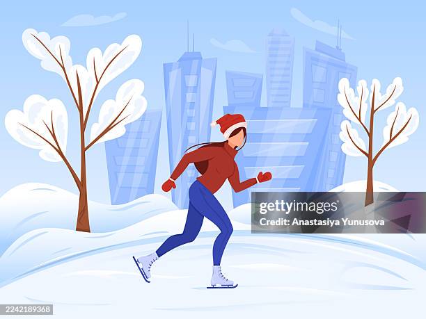 girl ice skating on winter ice rink in city landscape. winter outdoor activity concept of illustration. vector illustration cartoon style - ice skater stock illustrations