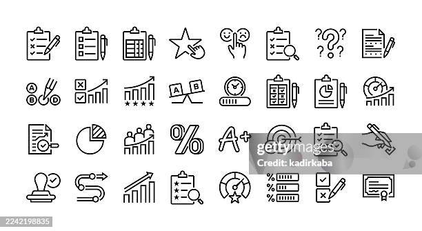 symbolsatz für die bewertungslinie. gruppe von objekten. checkliste, bewertung, feedback, umfrage, fragezeichen, prüfung, ergebnis, abstimmung, bericht. - vergleich stock-grafiken, -clipart, -cartoons und -symbole