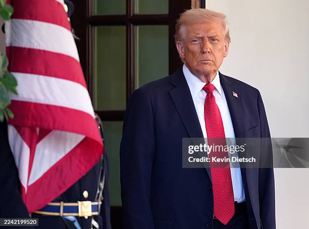 President Donald Trump waits for the arrival of Prime Minister of Australia Anthony Albanese at the White House on October 20, 2025 in Washington,...