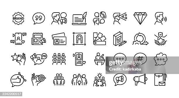 brand communication line icon set. group of object. brand logo, tagline, brand voice, storytelling, conversation, values, social media. - spokesperson stock illustrations