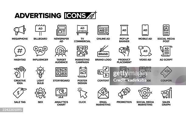 advertising line icon set. group of object. megaphone, billboard, newspaper, online advertising, social media marketing, influencer, video advertising, campaign. - slogan stock illustrations