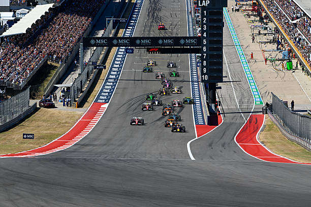 Oracle Red Bull Racing driver Max Verstappen of the Netherlands leads the pack up the hill to turn one at the start of the Formula 1 MSC Cruises...