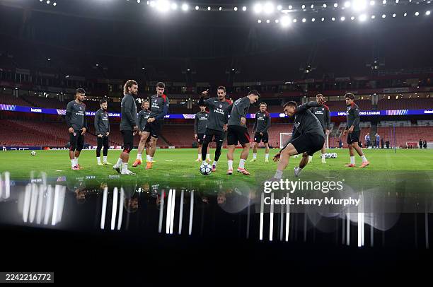 Atletico de Madrid players during a training session at Arsenal Stadium on October 20, 2025 in London, England.