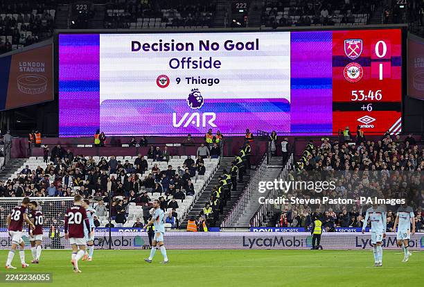 The big screen informing supporters of a decision of no goal for Brentford's Igor Thiago due to offside following a VAR review during the Premier...