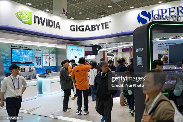 Visitors tour the NVIDIA, GIGABYTE, and SUPER booths at the Korea Electronics Show 2025 at COEX in Seoul, South Korea, on October 21-24, 2025. KES is...