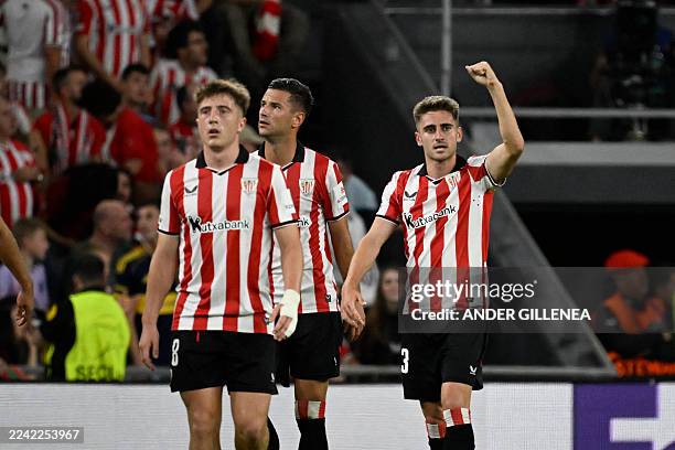 Athletic Bilbao's Spanish forward Robert Navarro celebrates scoring his team's second goal during the UEFA Champions League league phase day 3...