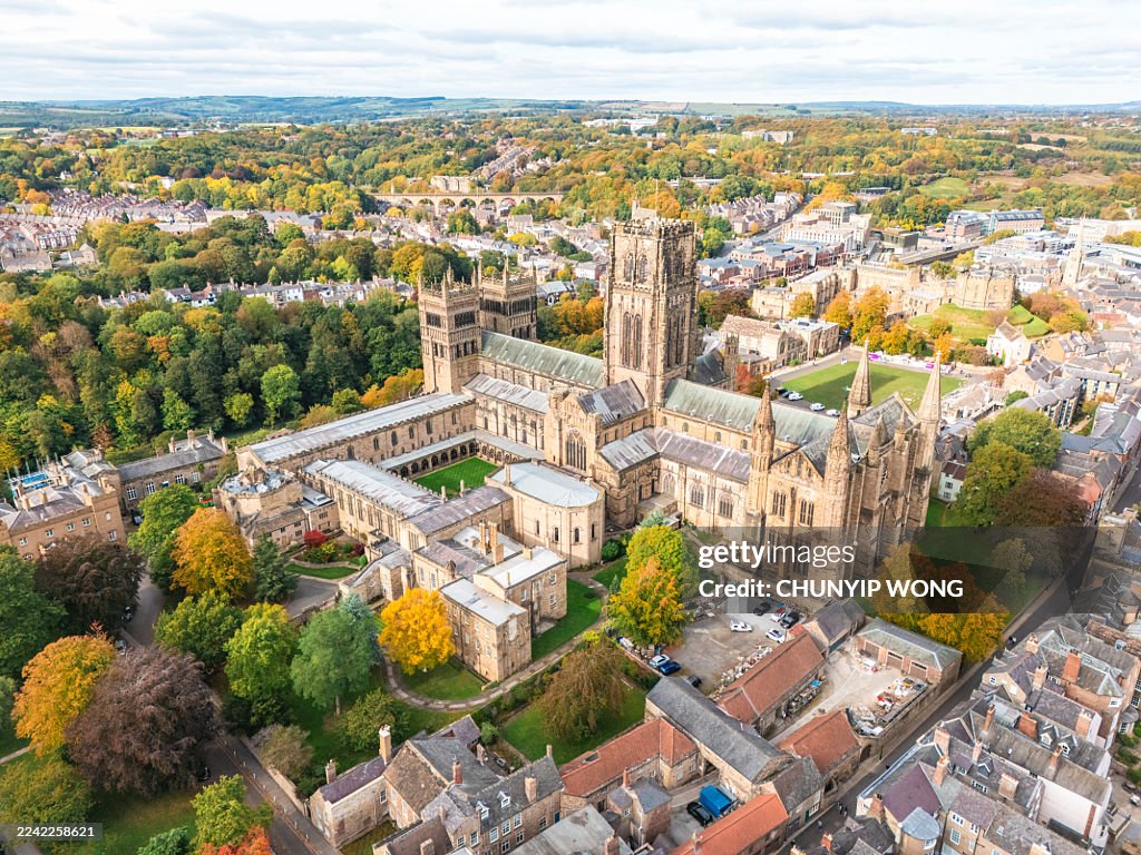 Durham cathedral standing tall over historic english autumn city