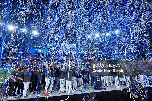 The Toronto Blue Jays celebrate after winning game seven of the American League Championship Series against the Seattle Mariners at the Rogers Centre...