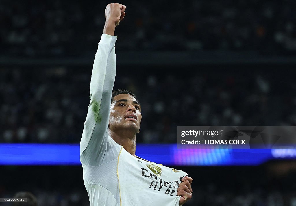 Real Madrid s English Midfielder Jude Bellingham Celebrates Scoring real-madrid-s-english-midfielder-jude-bellingham-celebrates-scoring