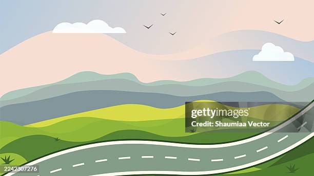 vector landscape background of a straight asphalt road through green countryside with blue mountains, forest, and sunset - pedestrian walkway stock illustrations