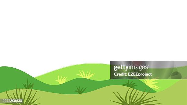 simple spring or summer landscape background. green rolling hills and wildflowers illustration. minimalist nature scenery with copy space. pastel green meadow and daisy field vector - hill stock illustrations