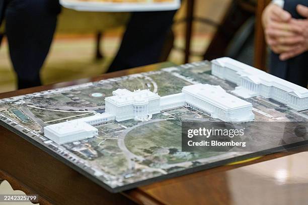 Model of the White House with the planned ballroom extension during a meeting between US President Donald Trump and Mark Rutte, secretary general of...