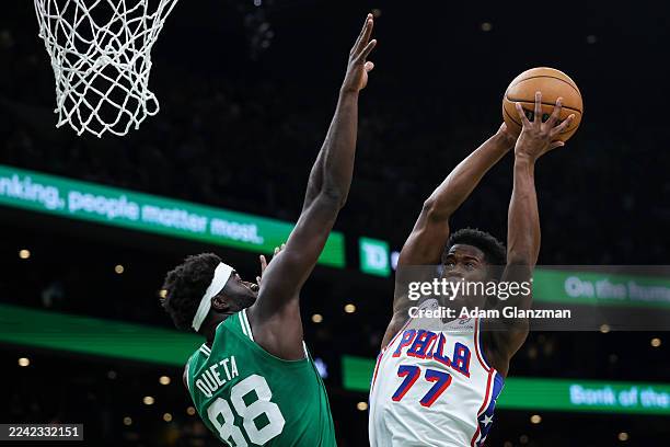 Edgecombe of the Philadelphia 76ers drives to the basket while guarded by Neemias Queta of the Boston Celtics in the first quarter of a game at TD...