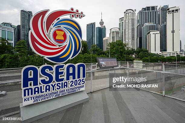 The logo of the Association of Southeast Asian Nations is pictured ahead of the 47th ASEAN Summit in Kuala Lumpur on October 23, 2025.