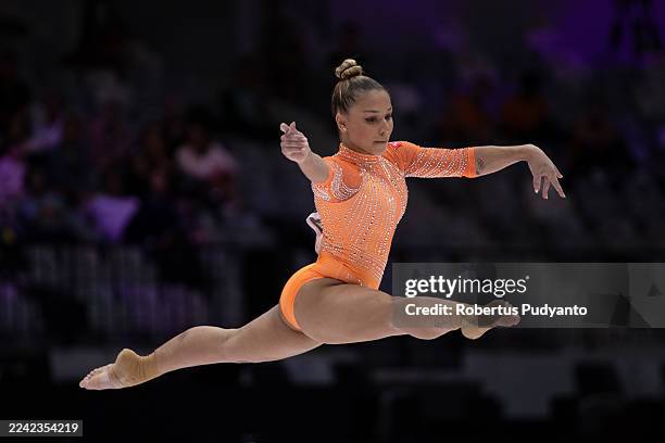 Flavia Saraiva of Brazil competes in the Women's Floor Exercise qualification on day three of the Artistic Gymnastics World Championships at...