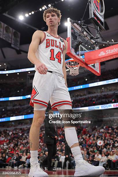 Matas Buzelis of the Chicago Bulls looks on during the first half against the Detroit Pistons on October 22, 2025 at the United Center in Chicago,...