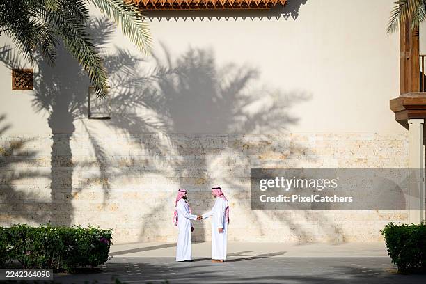 wide shot of two saudi business men standing and greeting beside an office wall with sunlight casting shadows of palm trees - saudi people stock pictures, royalty-free photos & images
