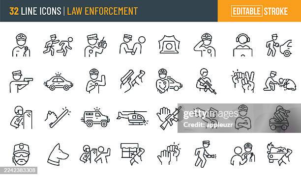 law enforcement thin line icons - editable stroke - icons include a police officer, riot, emergency services, public safety, security, criminal justice - public service stock illustrations