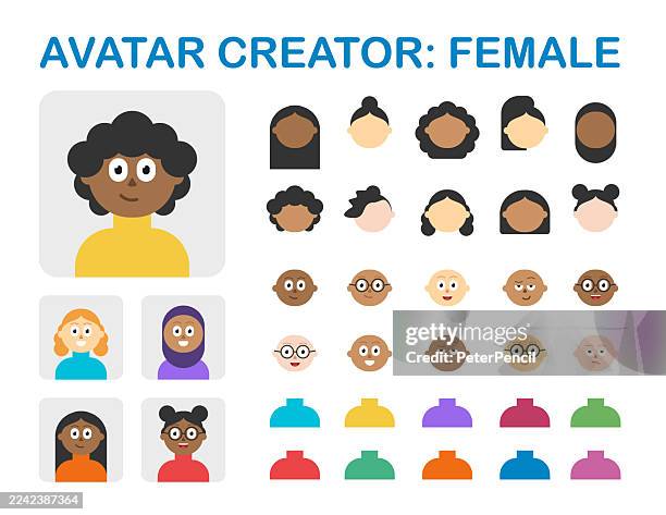 avatar set creator customizable flat avatars of diverse women with interchangeable heads and hairstyles - contractor computer stock illustrations