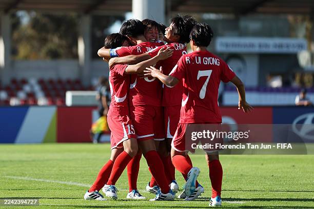 Won Sim Kim of Korea DPR celebrates scoring her team's second goal with team mates during the FIFA U-17 Women's World Cup Morocco 2025 Group B match...