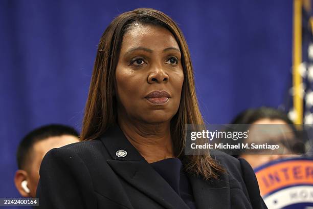 New York Attorney General Letitia James stands silently during a press conference on October 21, 2025 in New York City. James announced a $1.5...