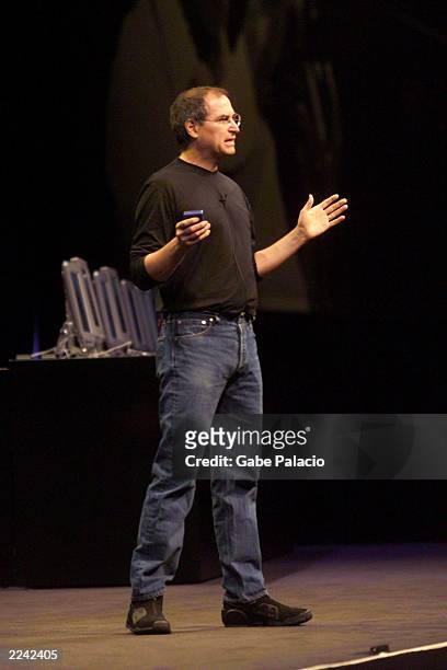 Steve Jobs give the keynote address at the Macworld Expo at the Jacob Javits Center in New York City on July 18, 2001. Photo by Gabe...