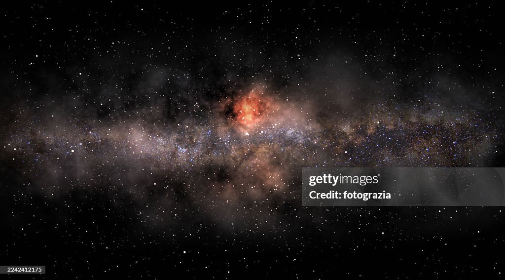 Milky Way Galaxy with Glowing Red Nebula Core