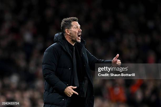 Diego Simeone, Head Coach of Atletico de Madrid, reacts during the UEFA Champions League 2025/26 League Phase MD3 match between Arsenal FC and...